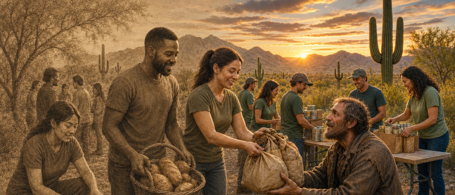 Volunteers handing food and supplies at a desert community service event, rendered in sepia on the left fading gradually to full color on the right with saguaro cacti and Tucson mountains