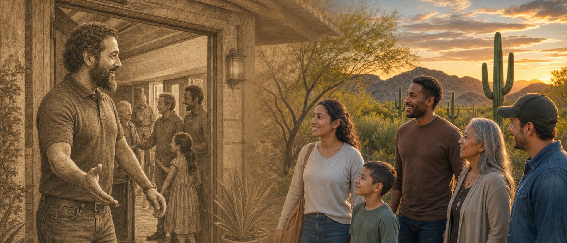 A lodge member welcoming visitors at an open doorway, rendered in sepia on the left fading gradually to full color on the right, with a diverse group approaching against a Sonoran desert backdrop