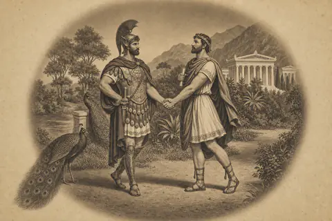 Illustrative sepia engraving of Damon and Pythias united in friendship