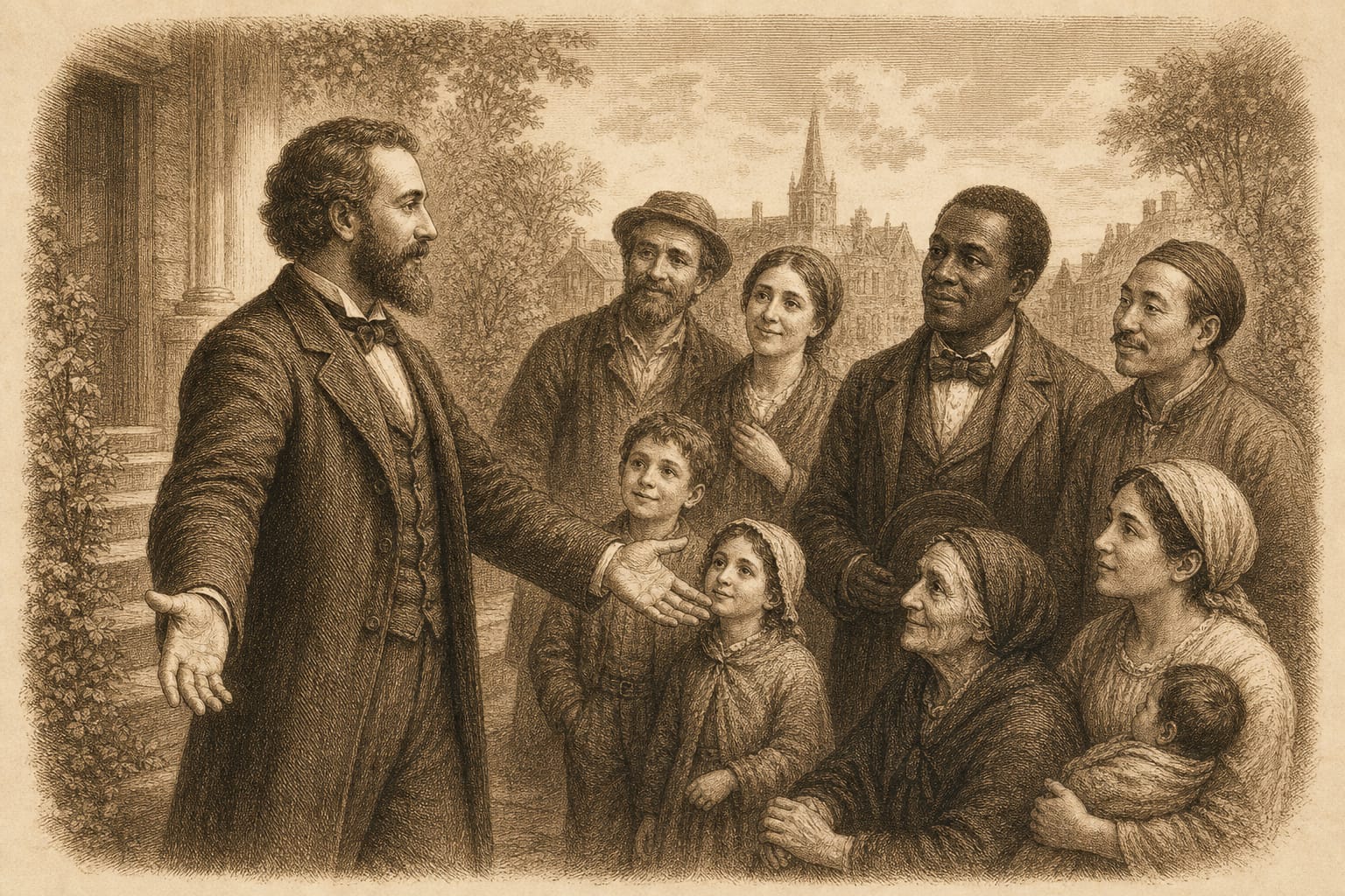 Illustrative sepia engraving of welcoming hands extended toward a diverse group