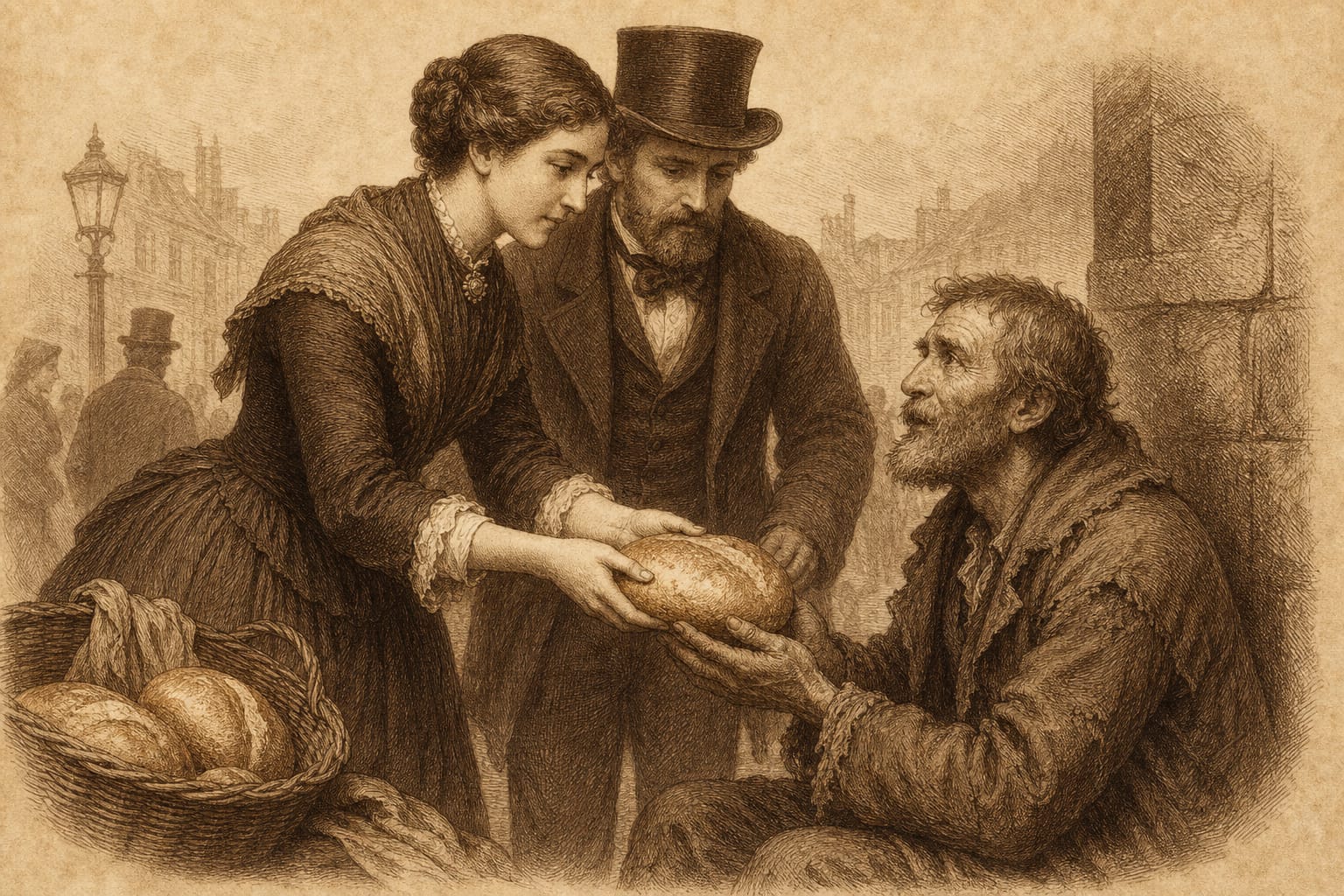 Illustrative sepia engraving of hands offering bread in an act of charity