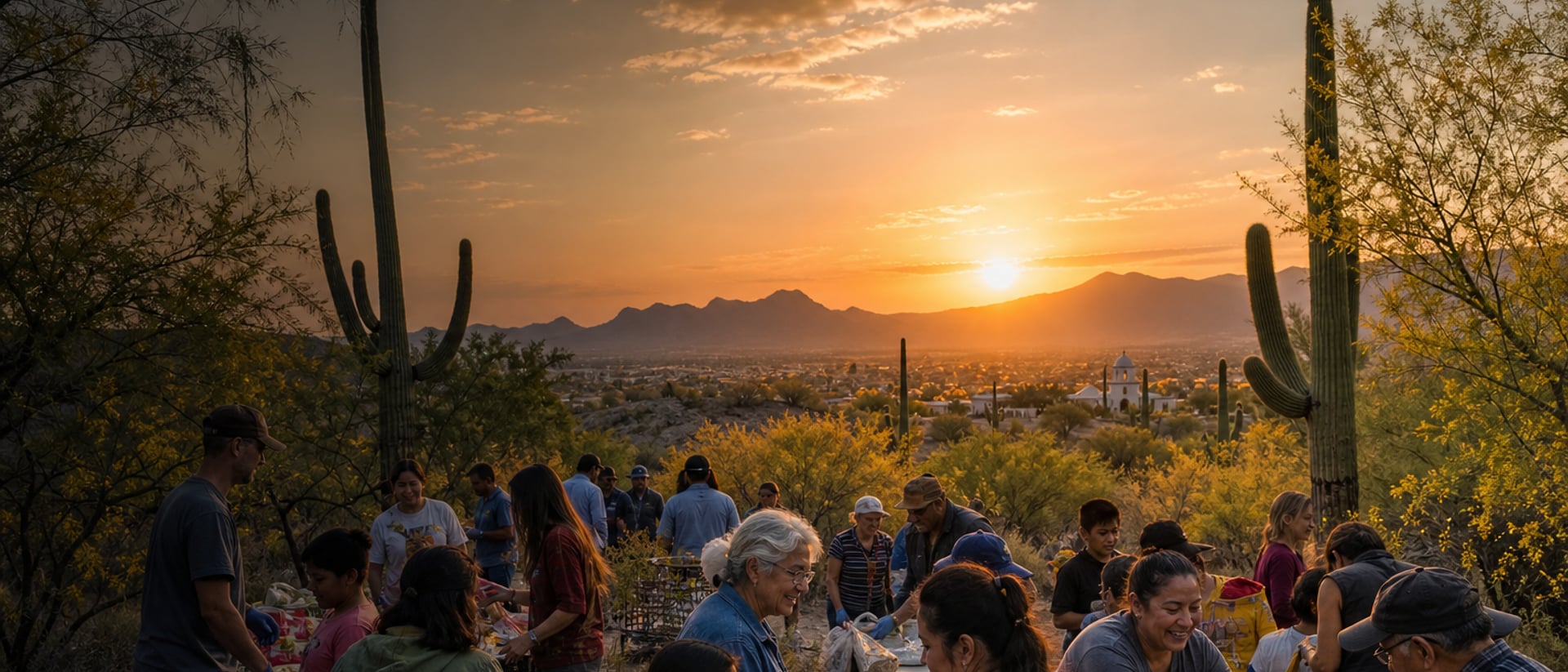 Community members serving neighbors outdoors in the Tucson desert, with saguaro cacti, palo verde trees, and a distant Spanish mission at sunset