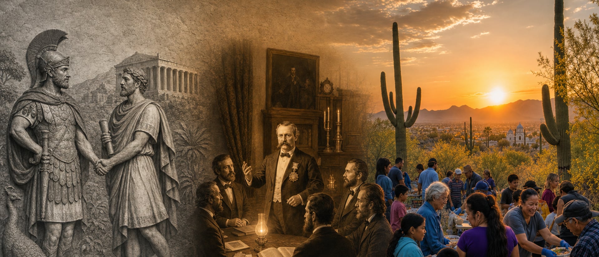 Friendship across centuries: Damon and Pythias in grey stone on the left, Justus H. Rathbone founding the Knights of Pythias in sepia at center, and a modern Tucson community gathering in full color on the right, blending gradually across the scene