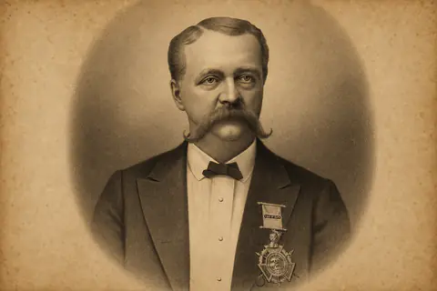 Illustrative sepia portrait of Justus H. Rathbone with handlebar mustache and Knights of Pythias medal, based on the Library of Congress lithograph