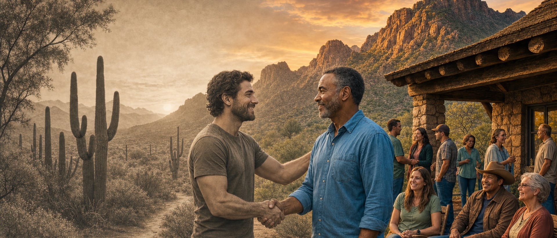 People in modern clothing sharing a friendly handshake at a desert lodge gathering, rendered in sepia on the left fading gradually to full color on the right with saguaro cacti and southwestern mountains